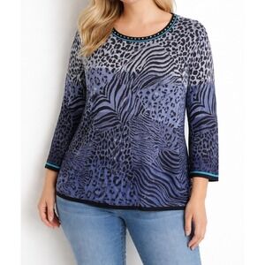 Alfred Dunner Womens XL Blue Animal Print Studded 3/4 Sleeve Pullover Sweater